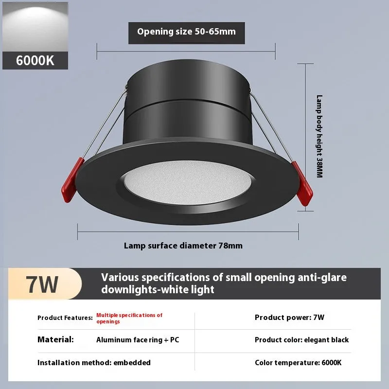 LED downlight recessed ceiling light aluminium ring 3W 5W 7W 50-65mm cut-out white warm variable colour
