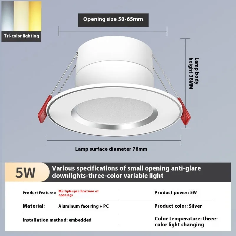 LED downlight recessed ceiling light aluminium ring 3W 5W 7W 50-65mm cut-out white warm variable colour
