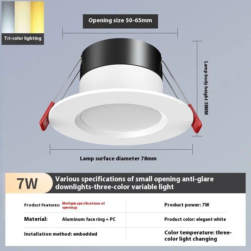 LED downlight recessed ceiling light aluminium ring 3W 5W 7W 50-65mm cut-out white warm variable colour