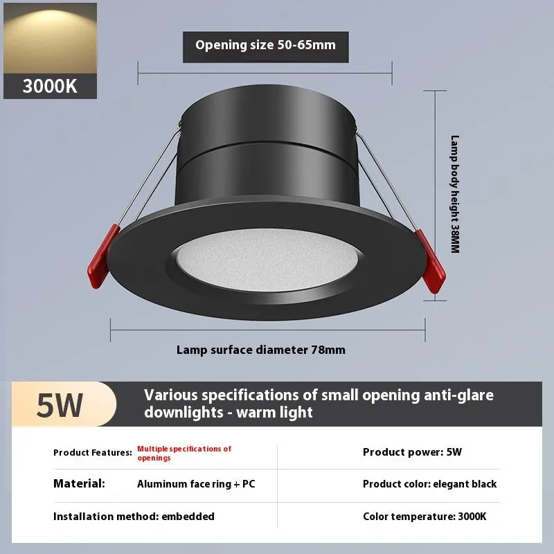 LED downlight recessed ceiling light aluminium ring 3W 5W 7W 50-65mm cut-out white warm variable colour
