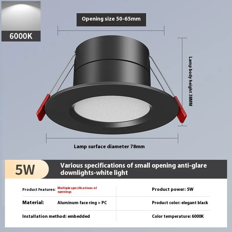 LED downlight recessed ceiling light aluminium ring 3W 5W 7W 50-65mm cut-out white warm variable colour