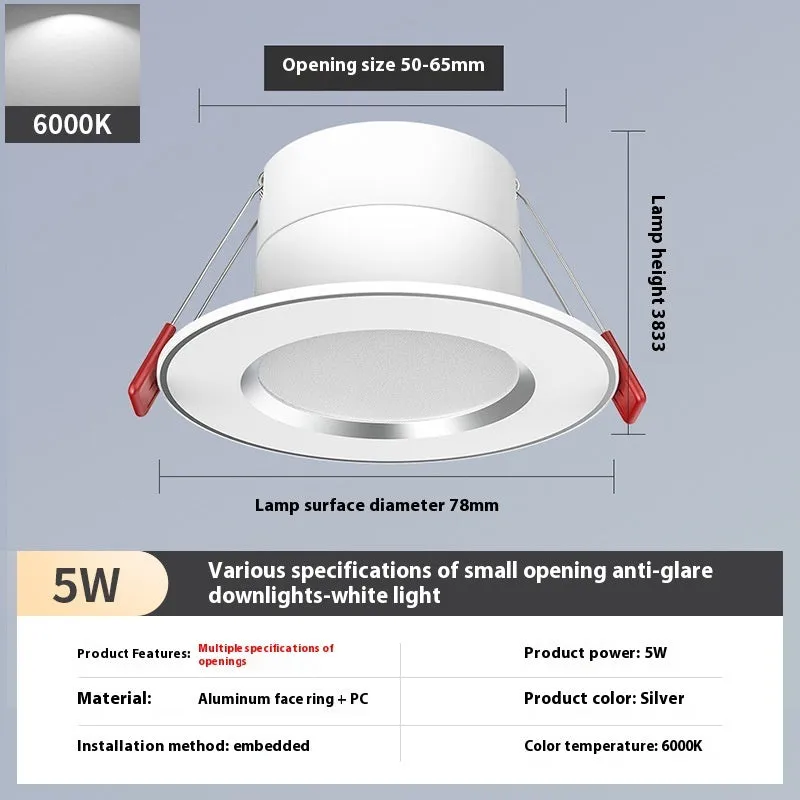 LED downlight recessed ceiling light aluminium ring 3W 5W 7W 50-65mm cut-out white warm variable colour