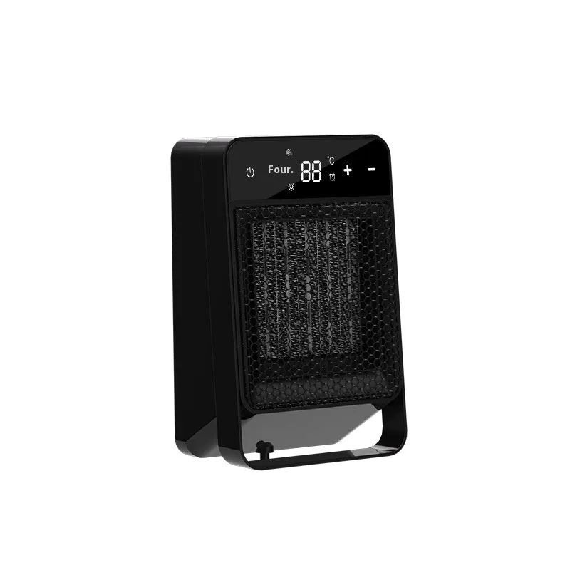 Black desktop warm air blower with touch screen digital display on a desktop