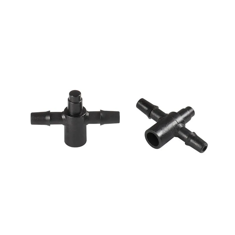 PE plastic tee joint connector for garden irrigation water distribution systems.