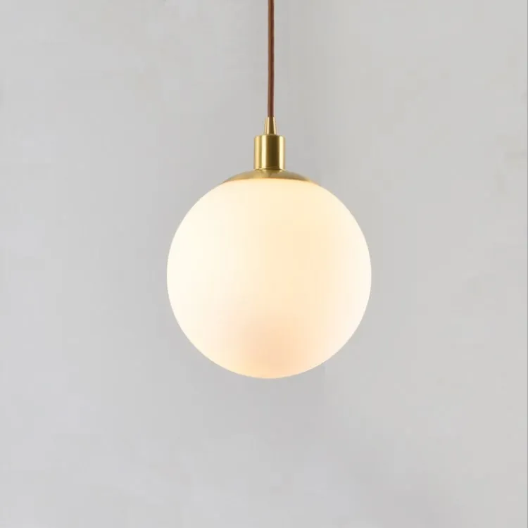 Milk white Nordic round glass chandelier for bedroom bedside, 15-30cm diameter, copper frame