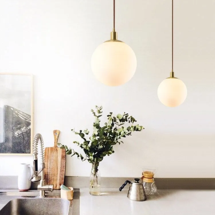 Milk white Nordic round glass chandelier for bedroom bedside, 15-30cm diameter, copper frame