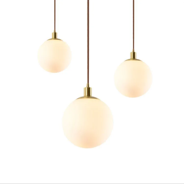 Milk white Nordic round glass chandelier for bedroom bedside, 15-30cm diameter, copper frame