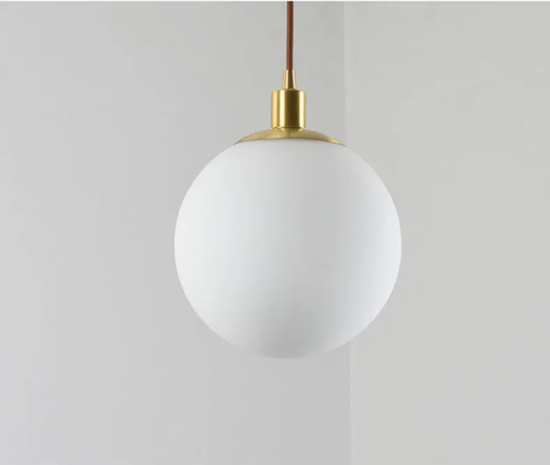 Milk white Nordic round glass chandelier for bedroom bedside, 15-30cm diameter, copper frame