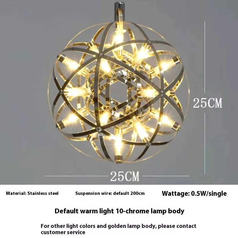 Hollow creative LED sphere chandelier in gold finish, stainless steel, modern style for banquet hall