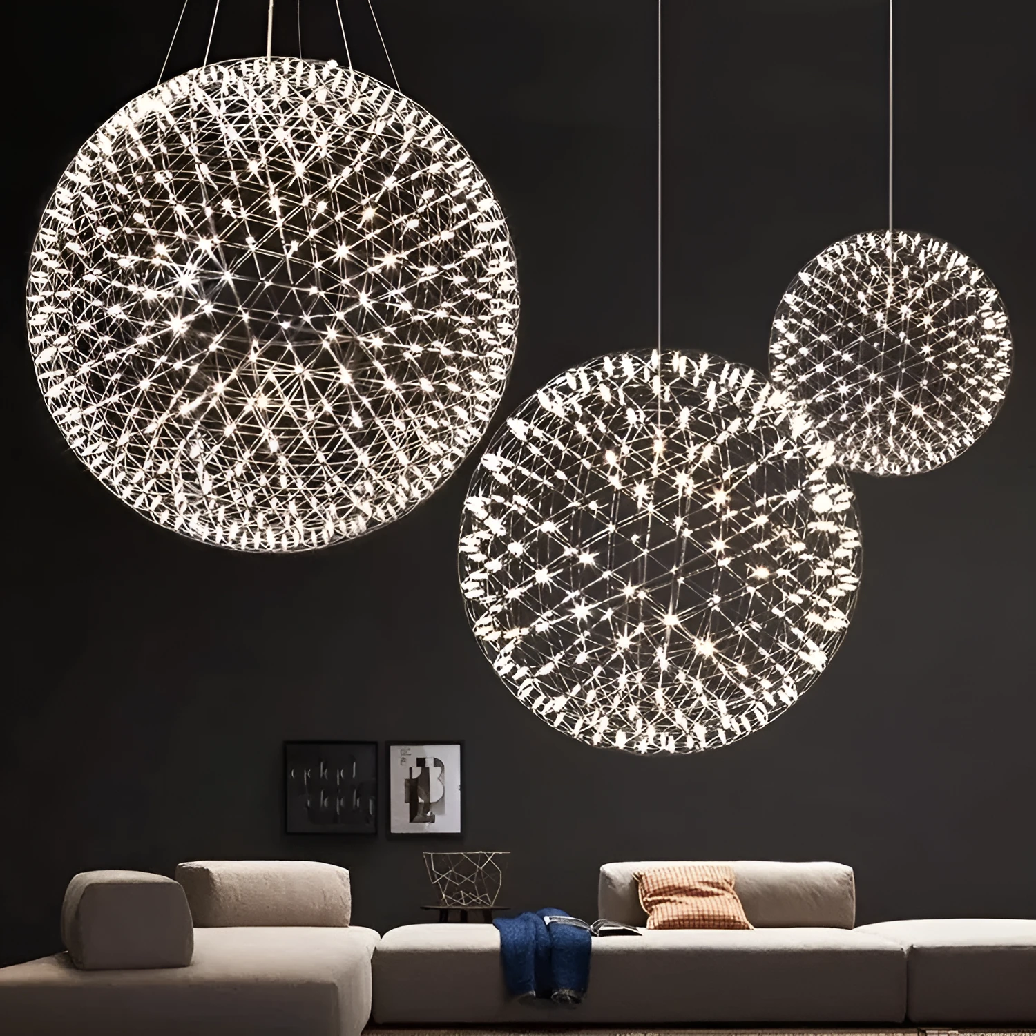 Hollow creative LED sphere chandelier in gold finish, stainless steel, modern style for banquet hall