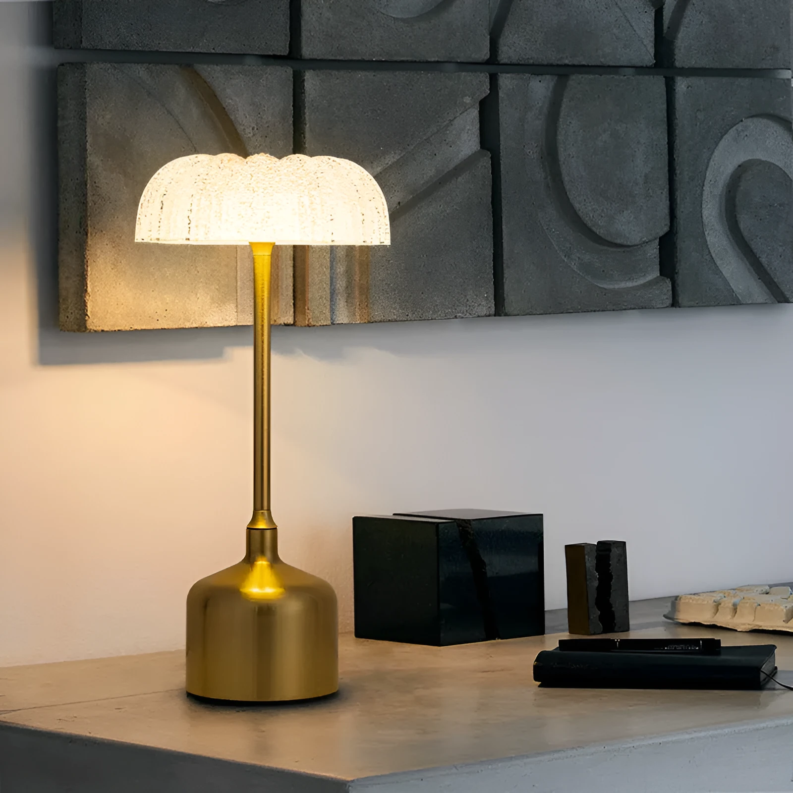 Retro bronze metal table lamp with wrought iron and acrylic shade, 14.5 x 14.5 x 31.5 cm, on desk