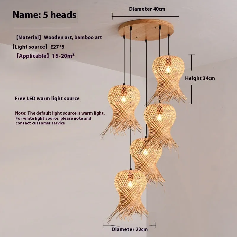 Bamboo woven chandelier with wood art frame new Chinese style ceiling lamp