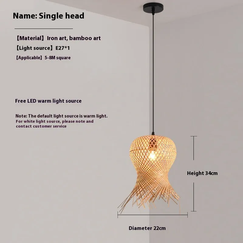 Bamboo woven chandelier with wood art frame new Chinese style ceiling lamp