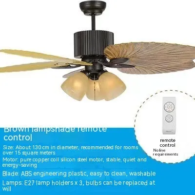 Retro-style ceiling fan light with wooden blades and three copper lampshades, mounted on a white ceiling.