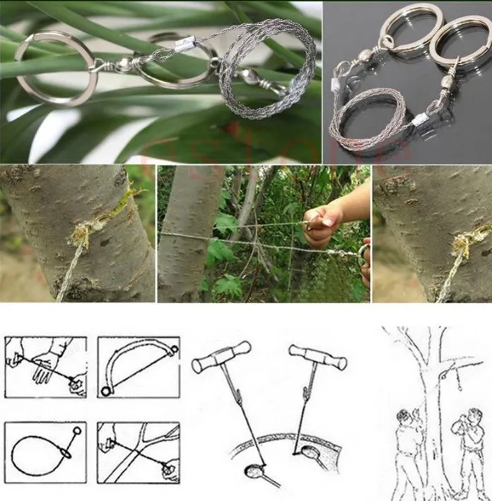 Coiled stainless steel survival wire saw with two black thumb rings, shown next to a ruler showing its 55cm length.