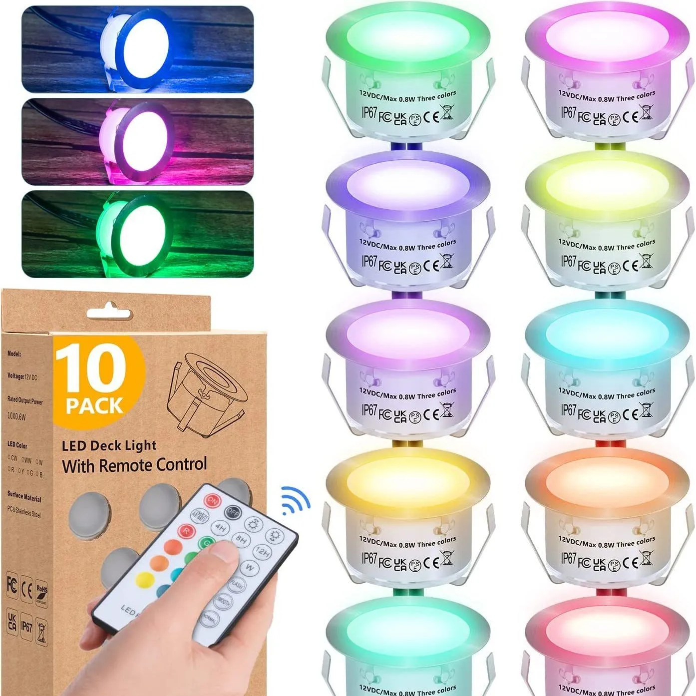 White RGB outdoor LED deck light 10-pack with solar panel and remote control, IP67 waterproof