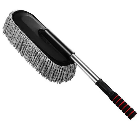 Blue retractable car wash mop with nano fibre head extending from 75cm to 86cm on a car bonnet