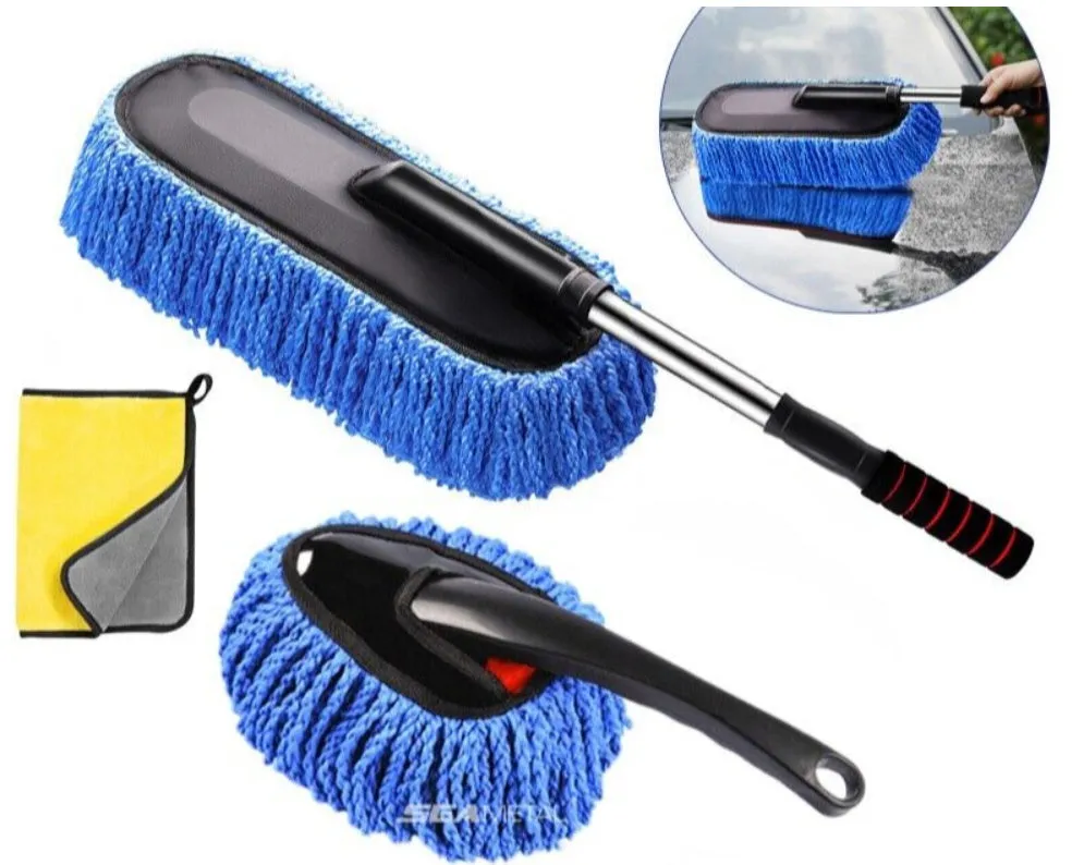 Blue retractable car wash mop with nano fibre head extending from 75cm to 86cm on a car bonnet