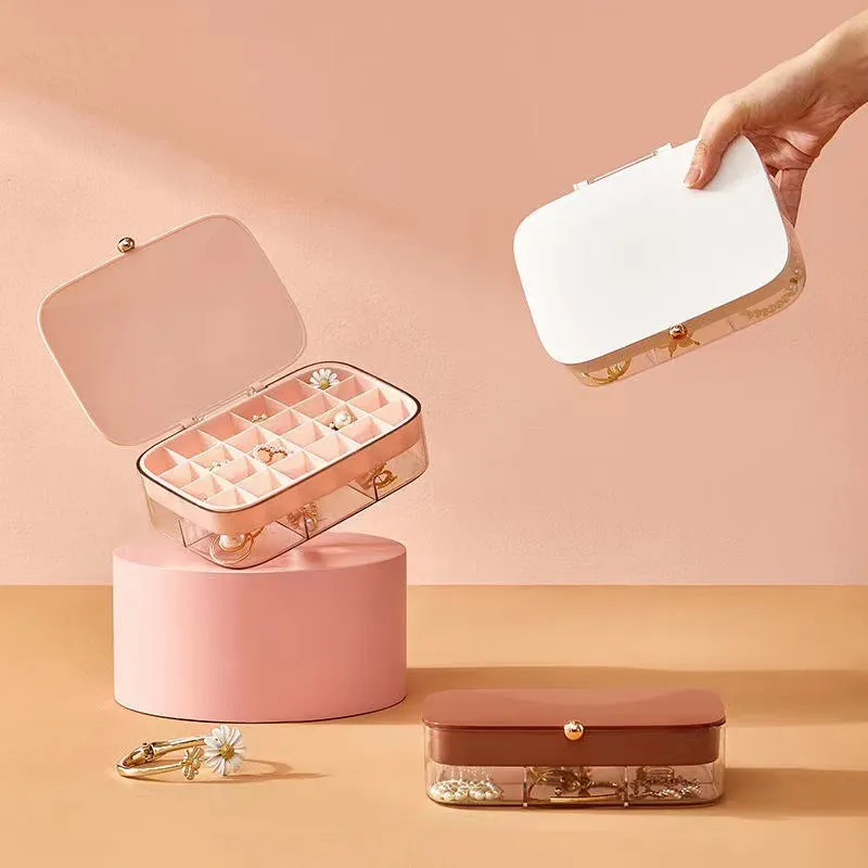 Green minimalist multi-layer jewellery storage box with lid open, showing internal compartments.