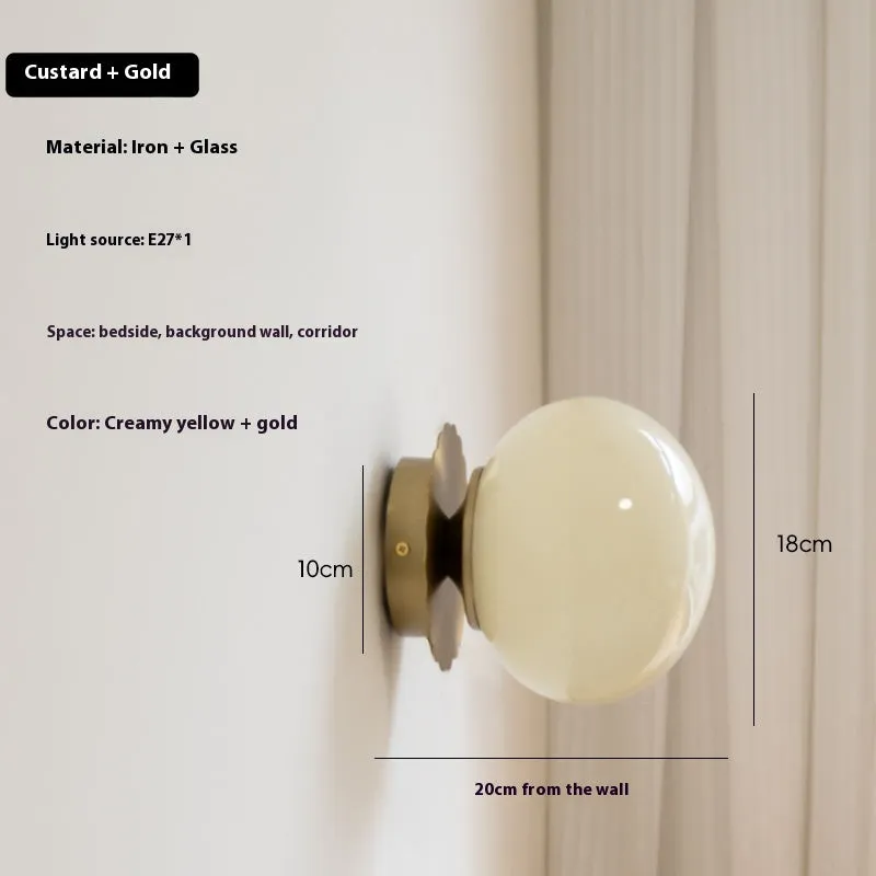 French retro cream magic bean wall lamp with wrought iron frame and glass shade, 18cm diameter, gold plating option