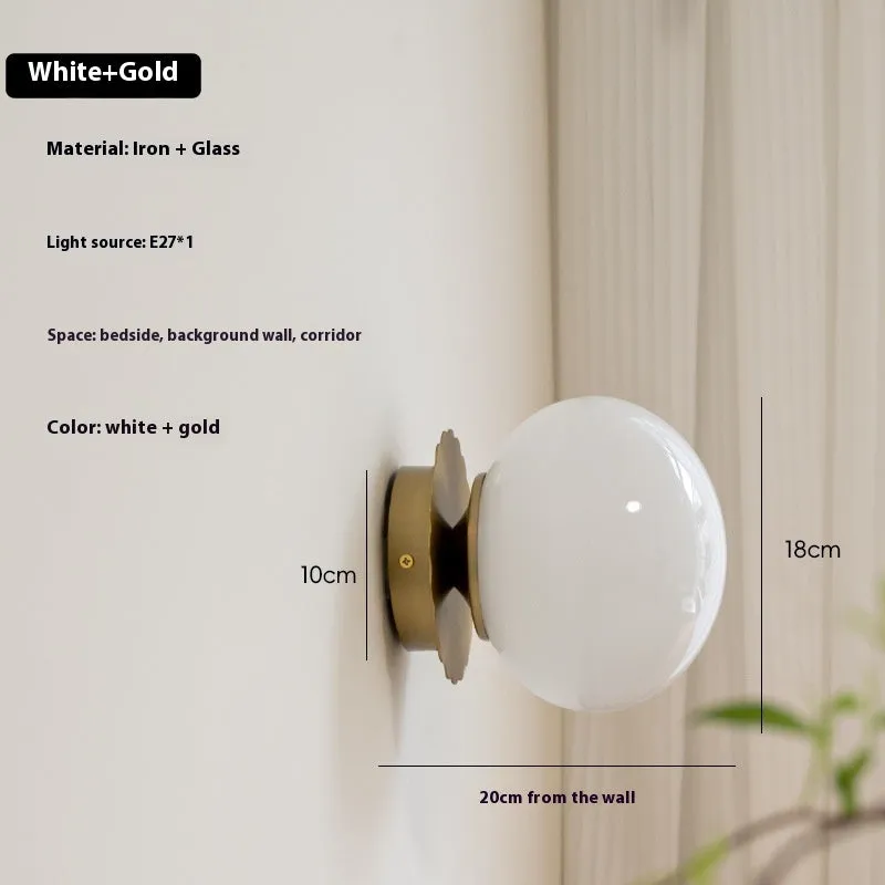 French retro cream magic bean wall lamp with wrought iron frame and glass shade, 18cm diameter, gold plating option