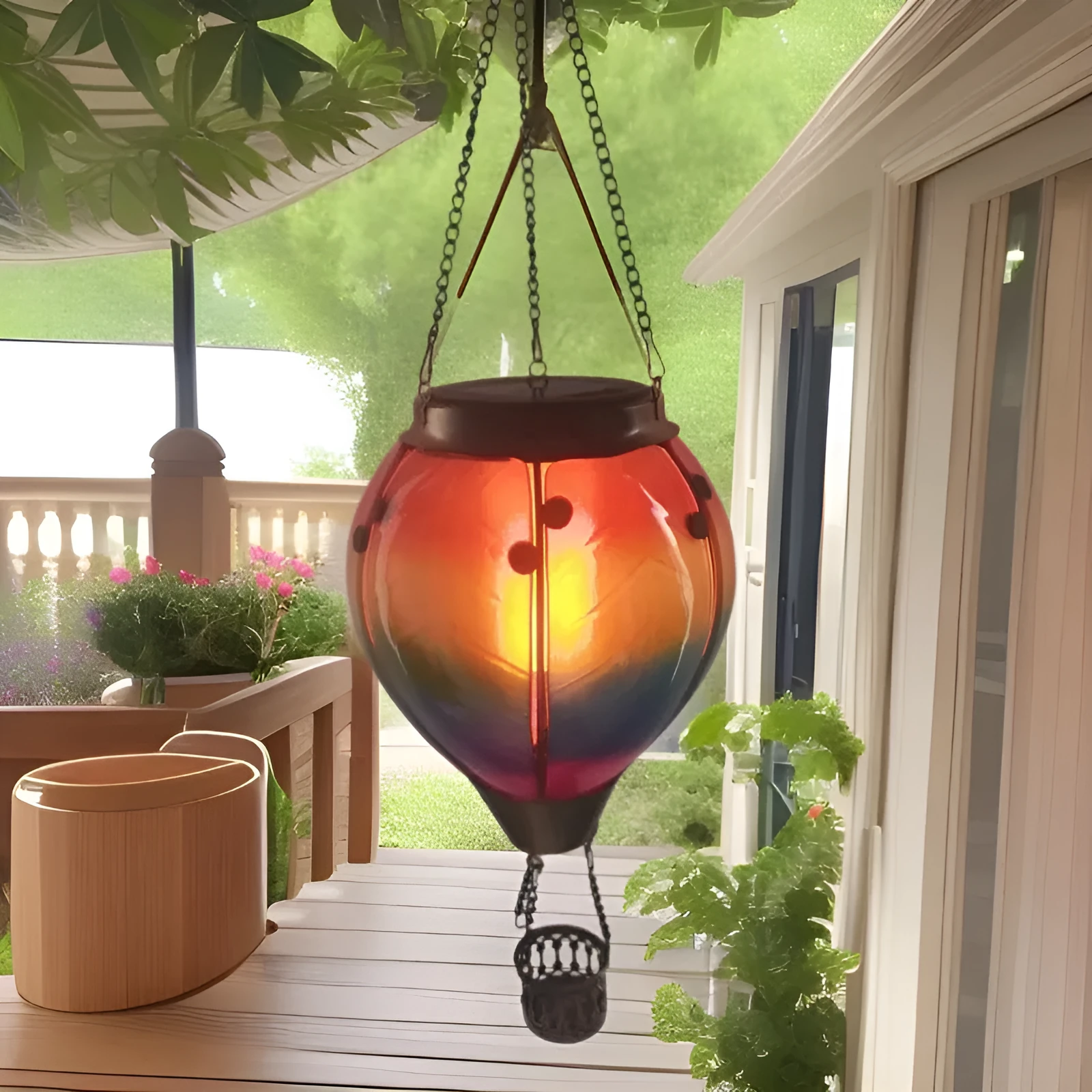 Solar hot air balloon water drop lantern with multi-coloured glass and 15 white LED lights, 12.5x12.5x27cm