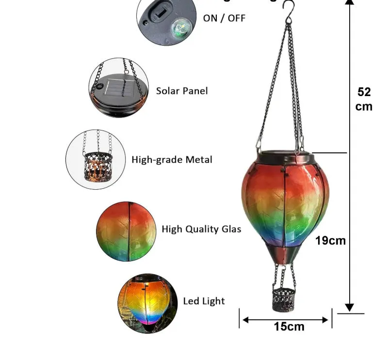 Solar hot air balloon water drop lantern with multi-coloured glass and 15 white LED lights, 12.5x12.5x27cm