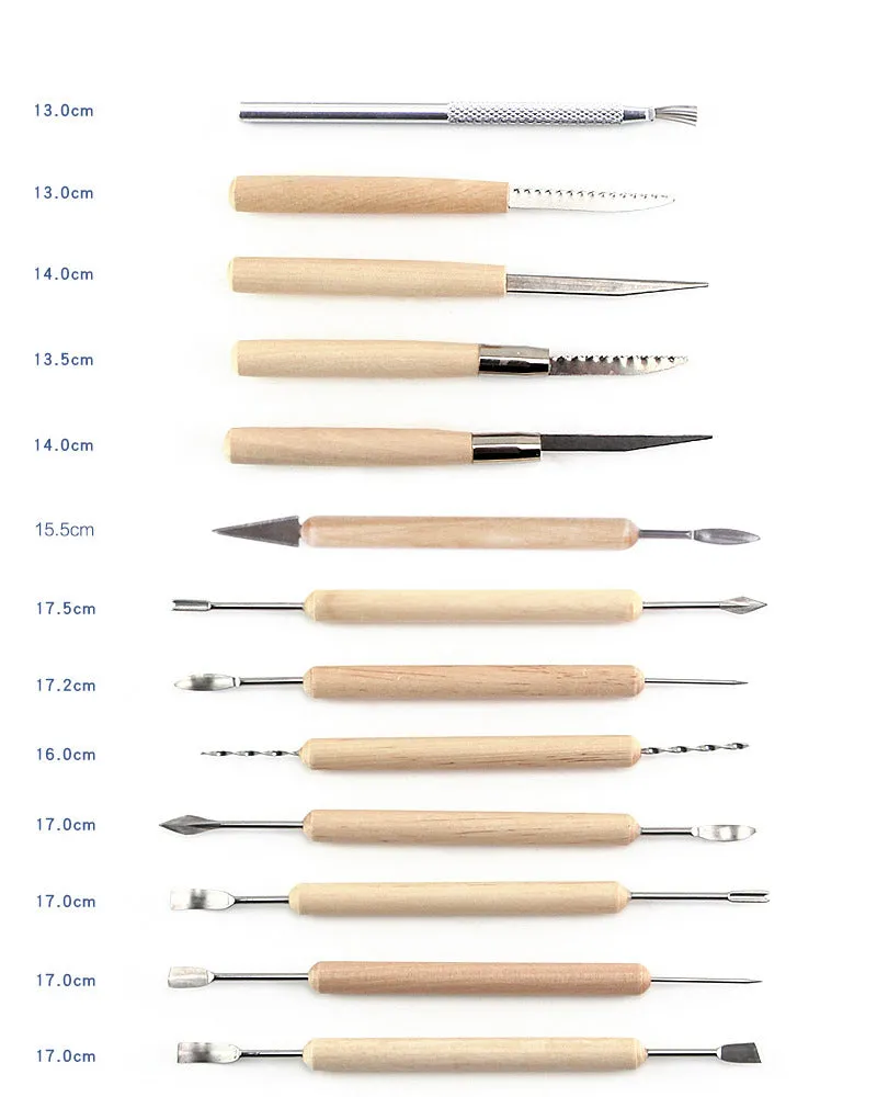 27-piece pottery clay tool set with stainless steel loops and wooden handles in a clear OPP bag.