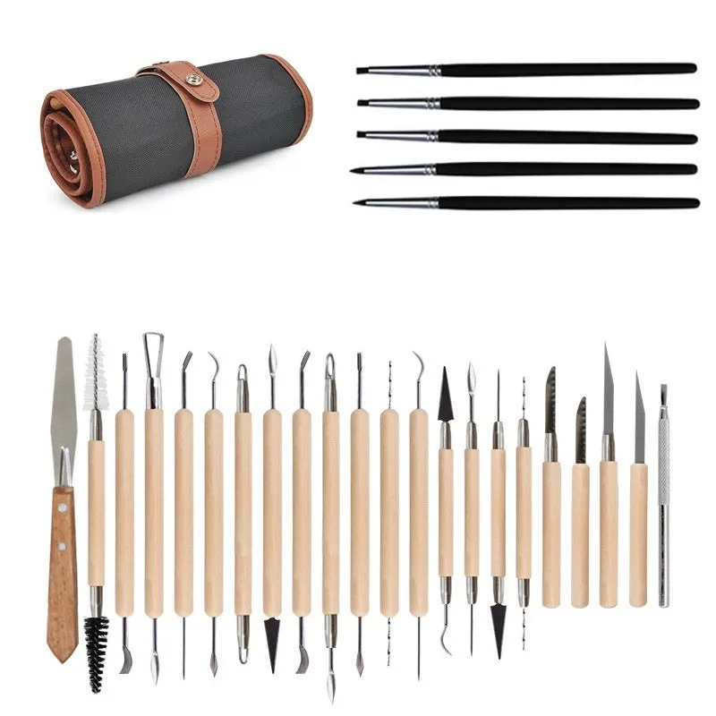 27-piece pottery clay tool set with stainless steel loops and wooden handles in a clear OPP bag.