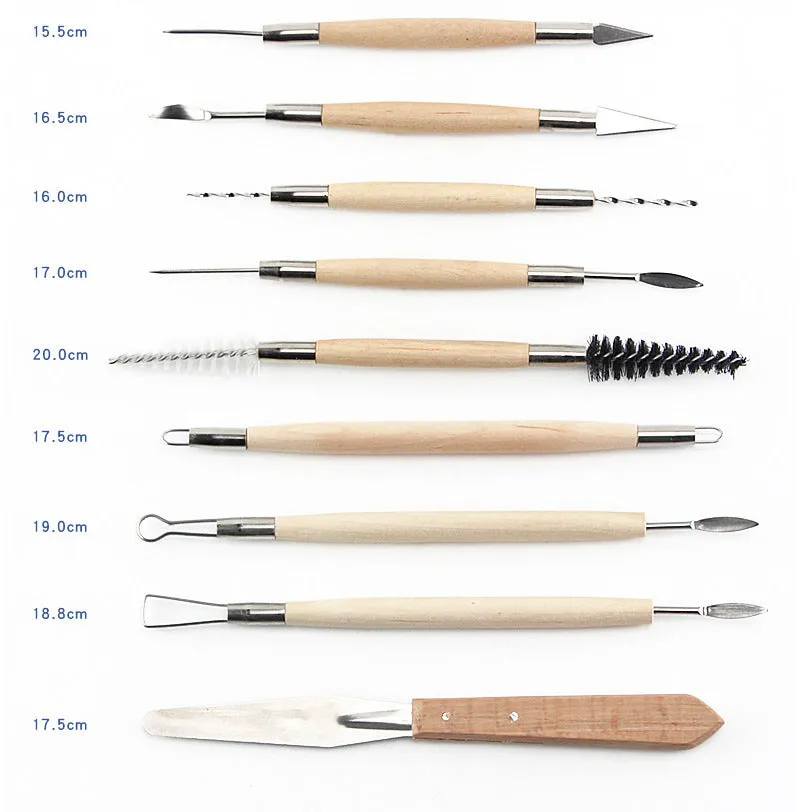 27-piece pottery clay tool set with stainless steel loops and wooden handles in a clear OPP bag.
