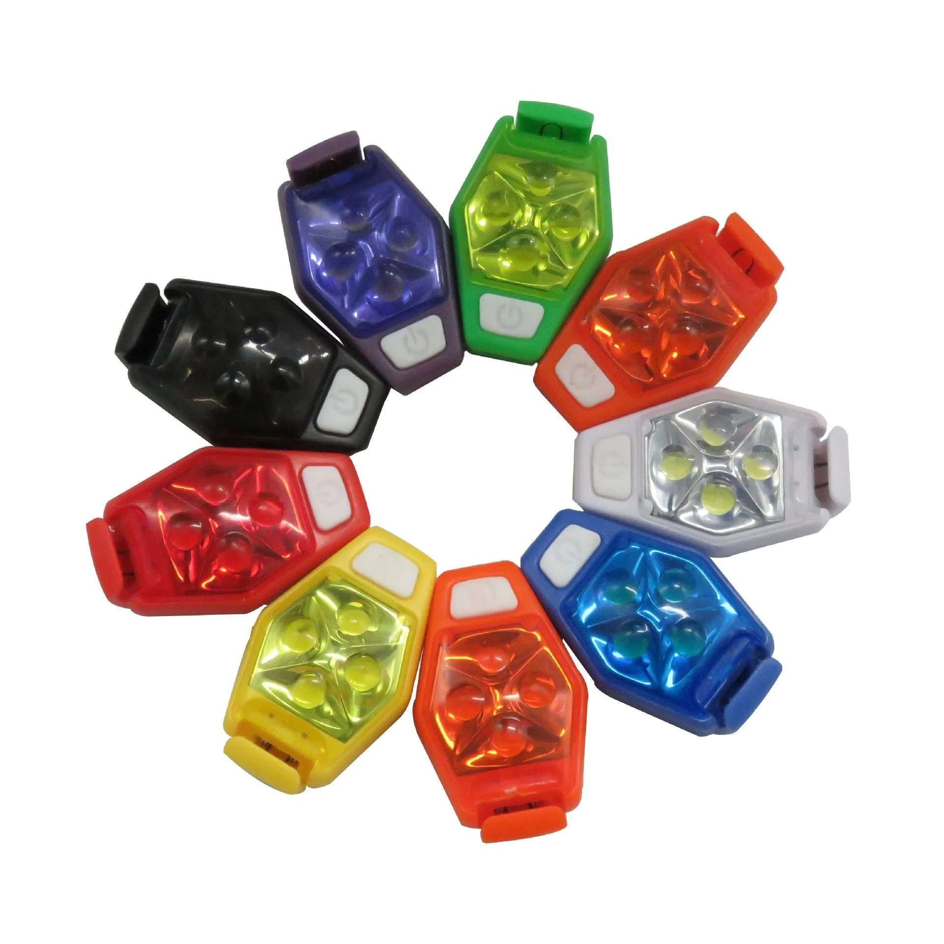 Multi-colour LED diamond night running clip lamp with seven colour options shown on black background