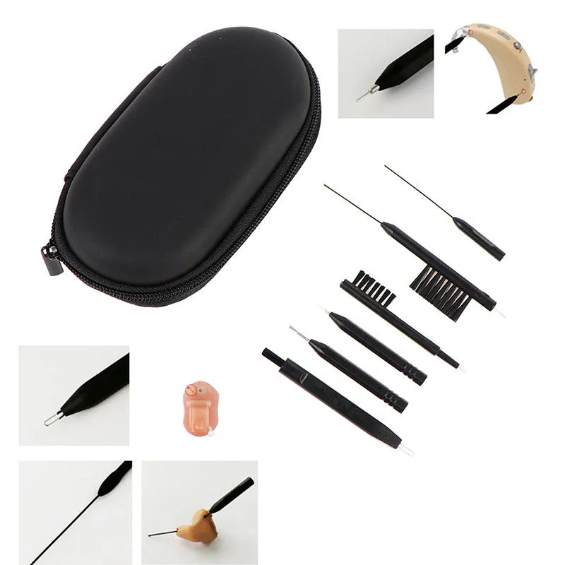 Digital hearing aid cleaning care suit with dry cloth, brush, ventilation rod, screwdriver, and needle removal tool in compact pack