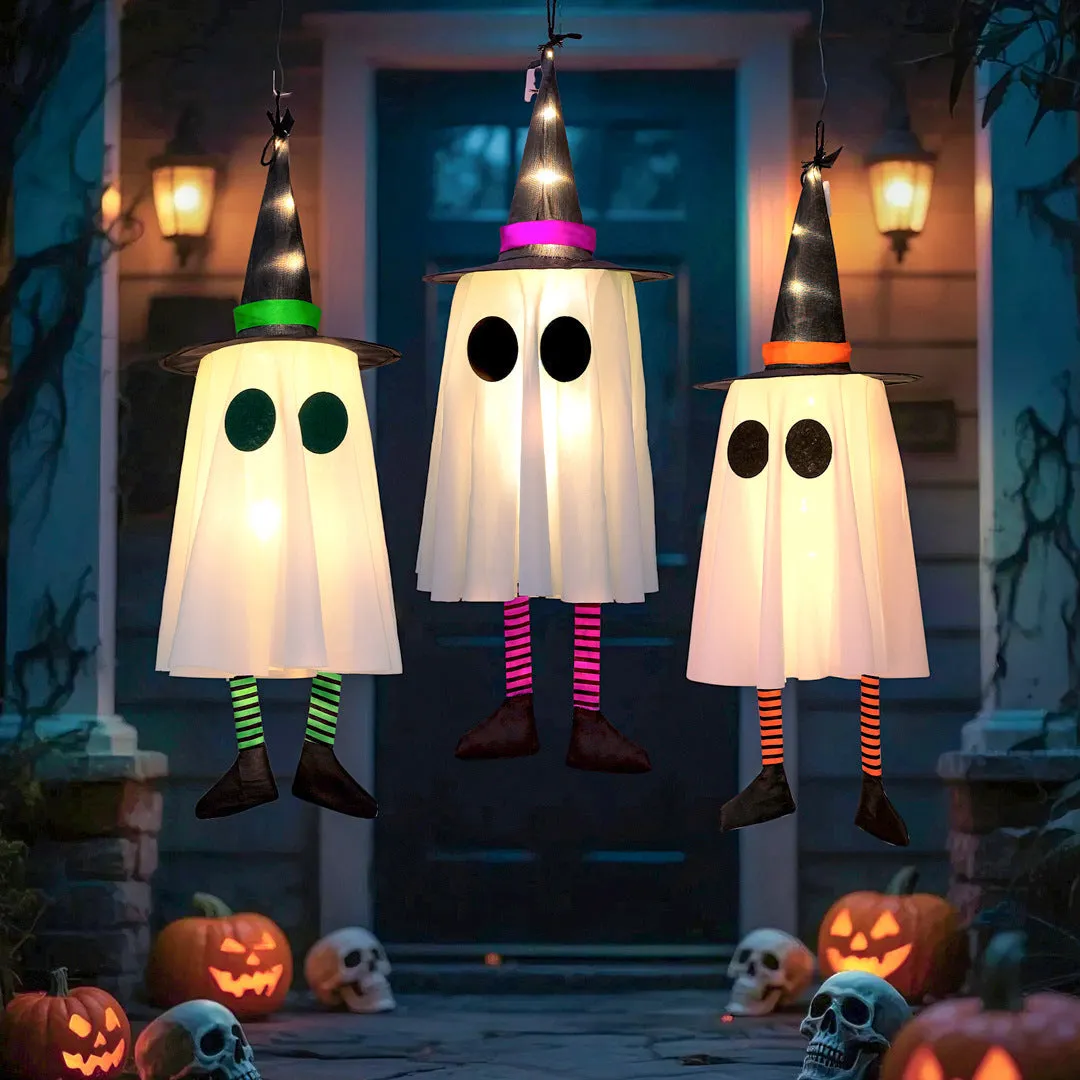 White Halloween wizard hat and ghost LED light string pendant hung indoors