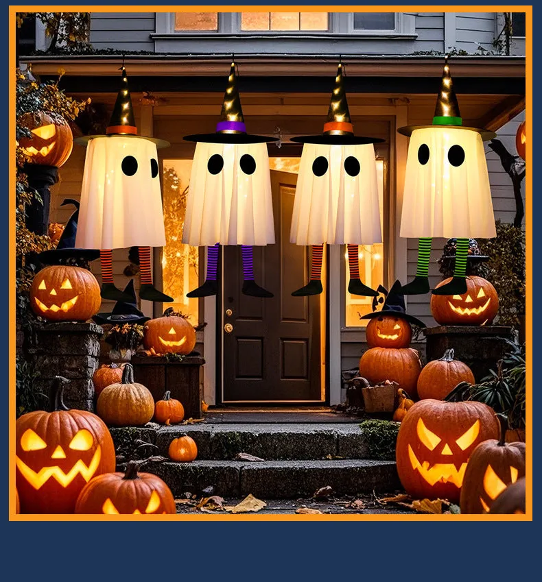 White Halloween wizard hat and ghost LED light string pendant hung indoors