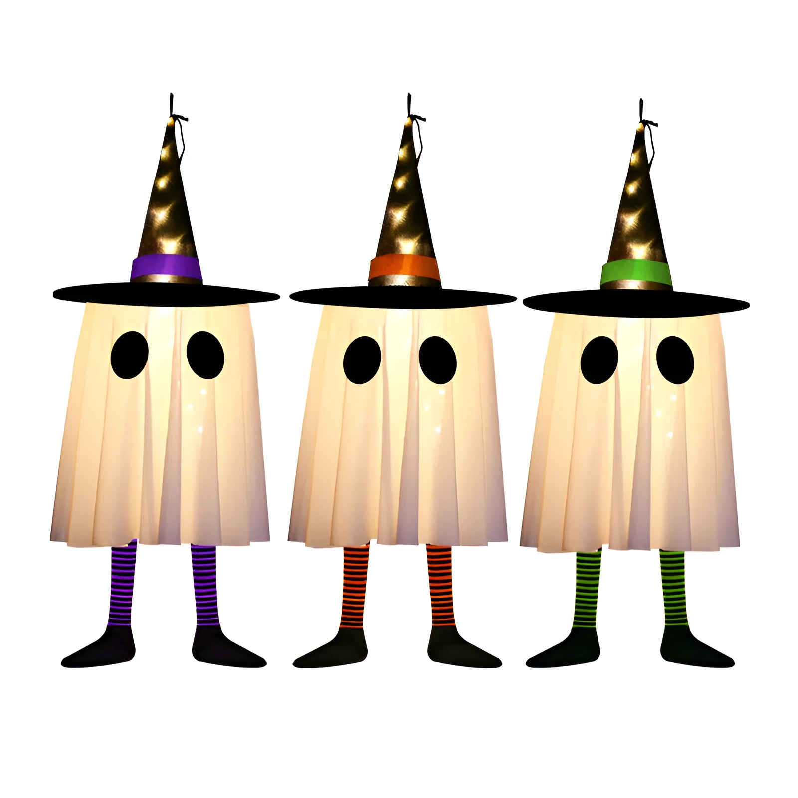 White Halloween wizard hat and ghost LED light string pendant hung indoors