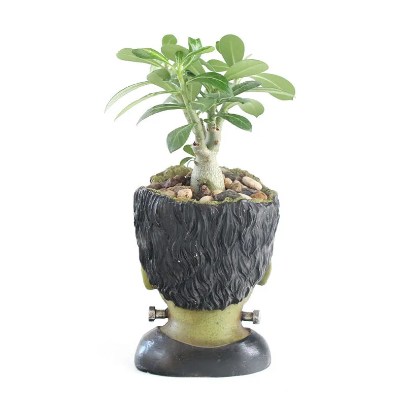 Green Frankenstein monster resin flower pot on a desk with a small succulent plant inside