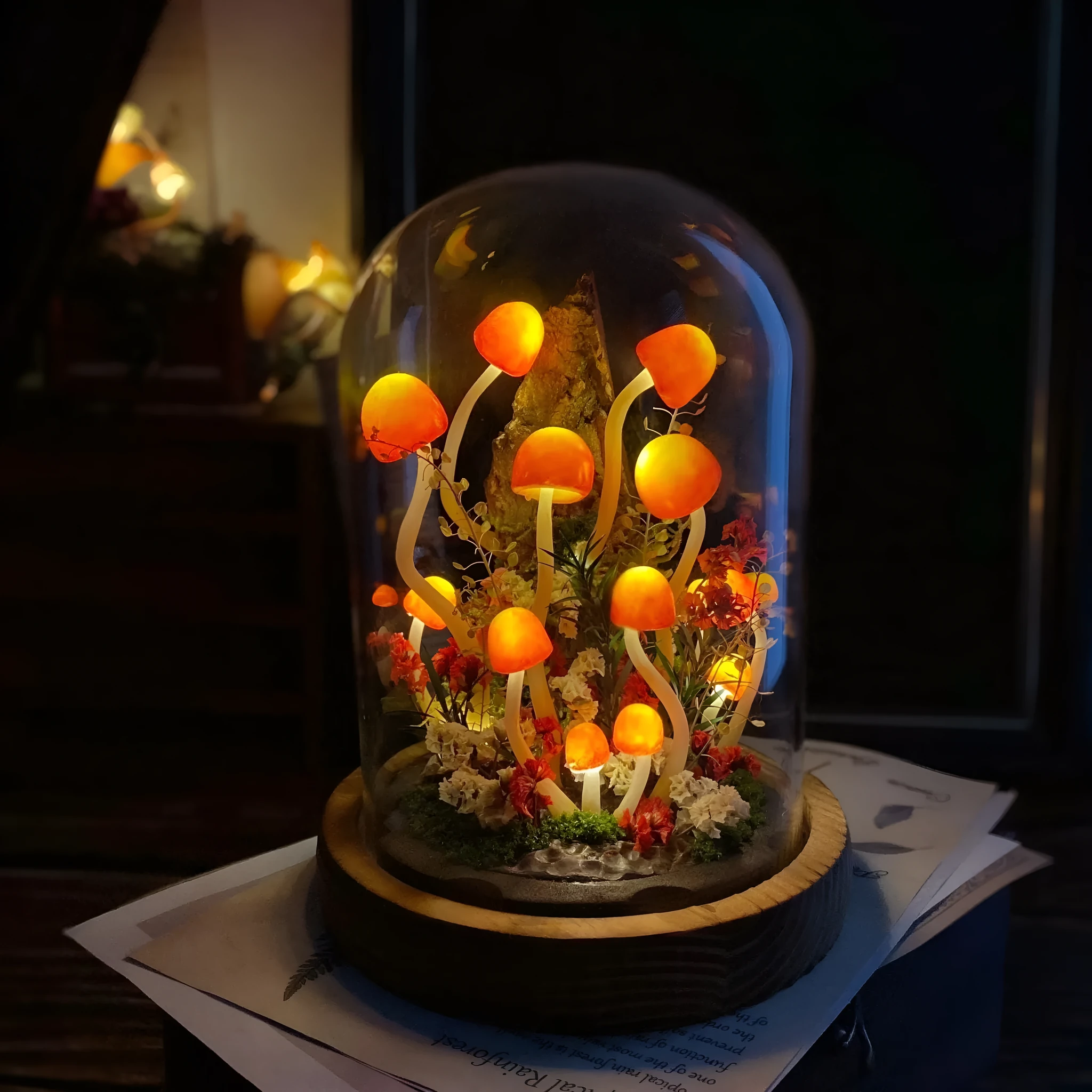 Handmade mushroom small night lamp with cylindrical glass cover and built-in battery