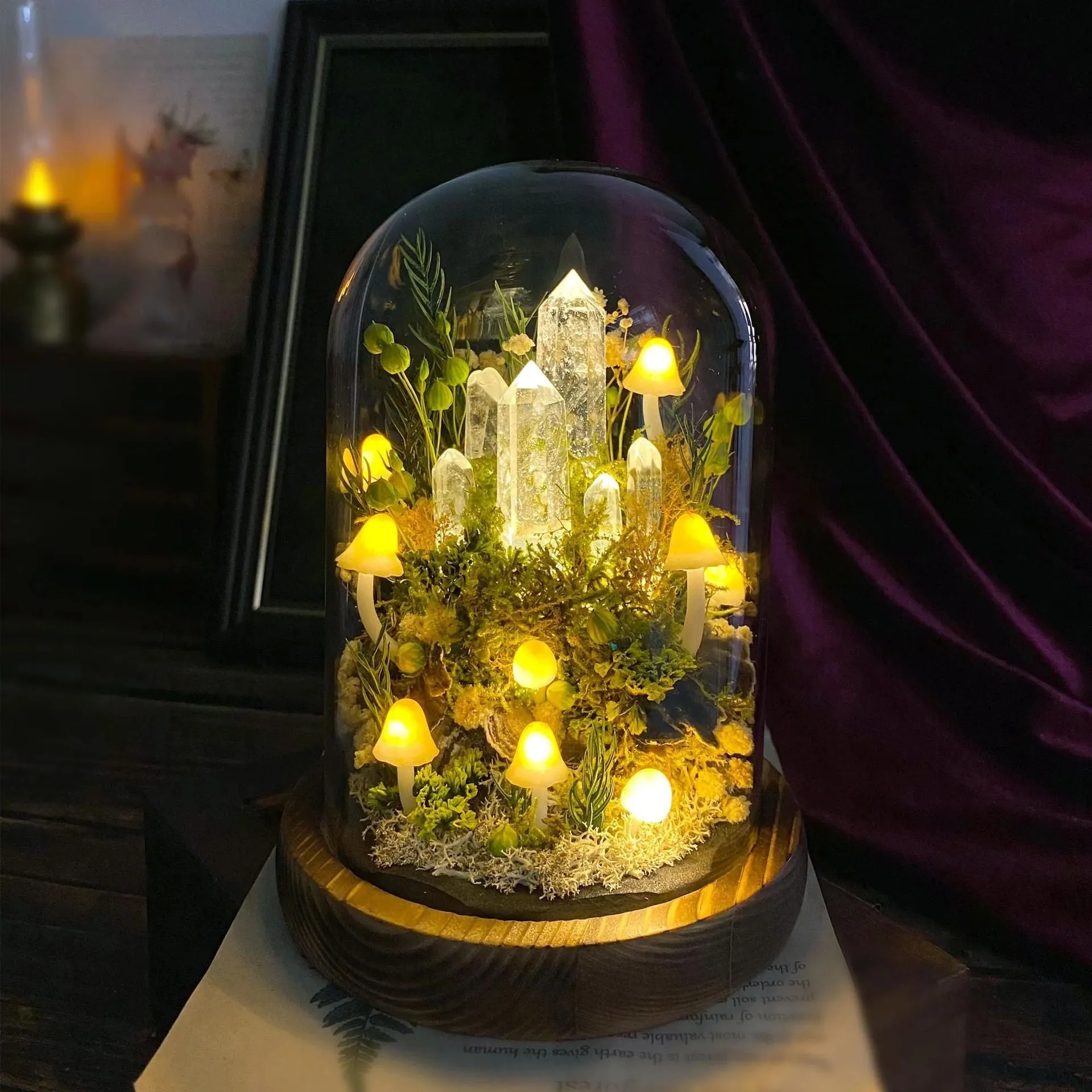 Handmade mushroom small night lamp with cylindrical glass cover and built-in battery