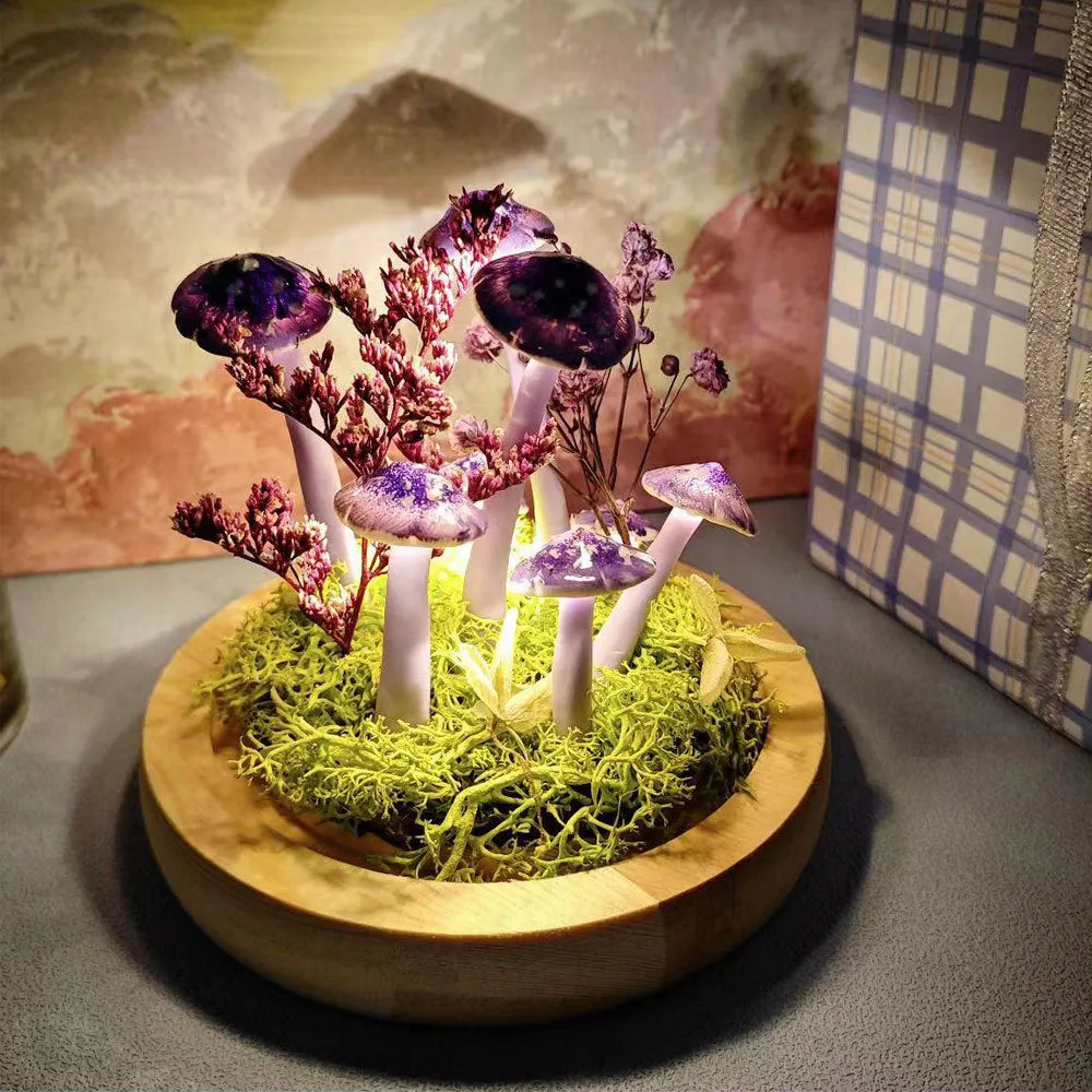 Handmade mushroom small night lamp with cylindrical glass cover and built-in battery