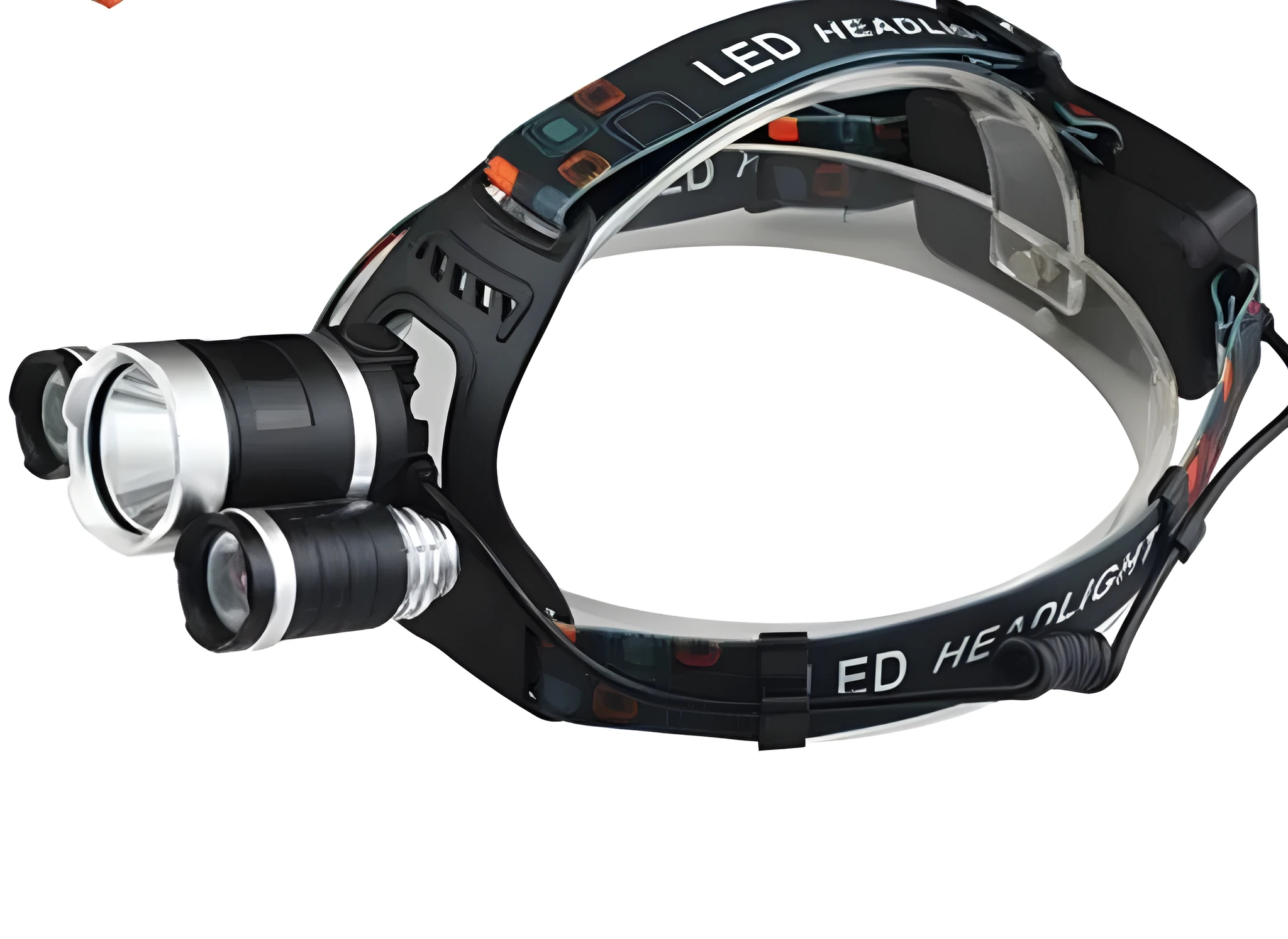 Aluminium alloy rechargeable LED headlamp with adjustable elastic headband shown in use.