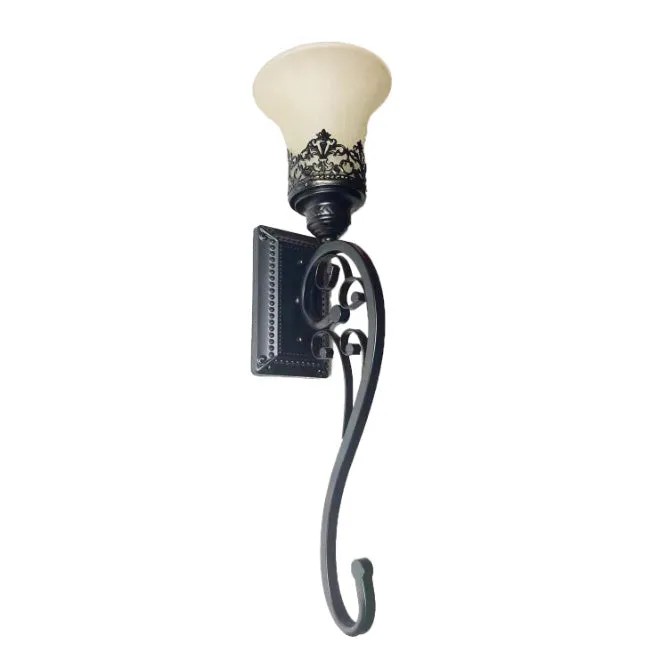 American wrought iron single head wall lamp with glass shade in matte black
