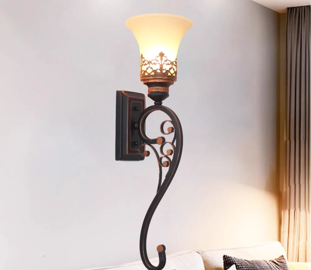 American wrought iron single head wall lamp with glass shade in matte black