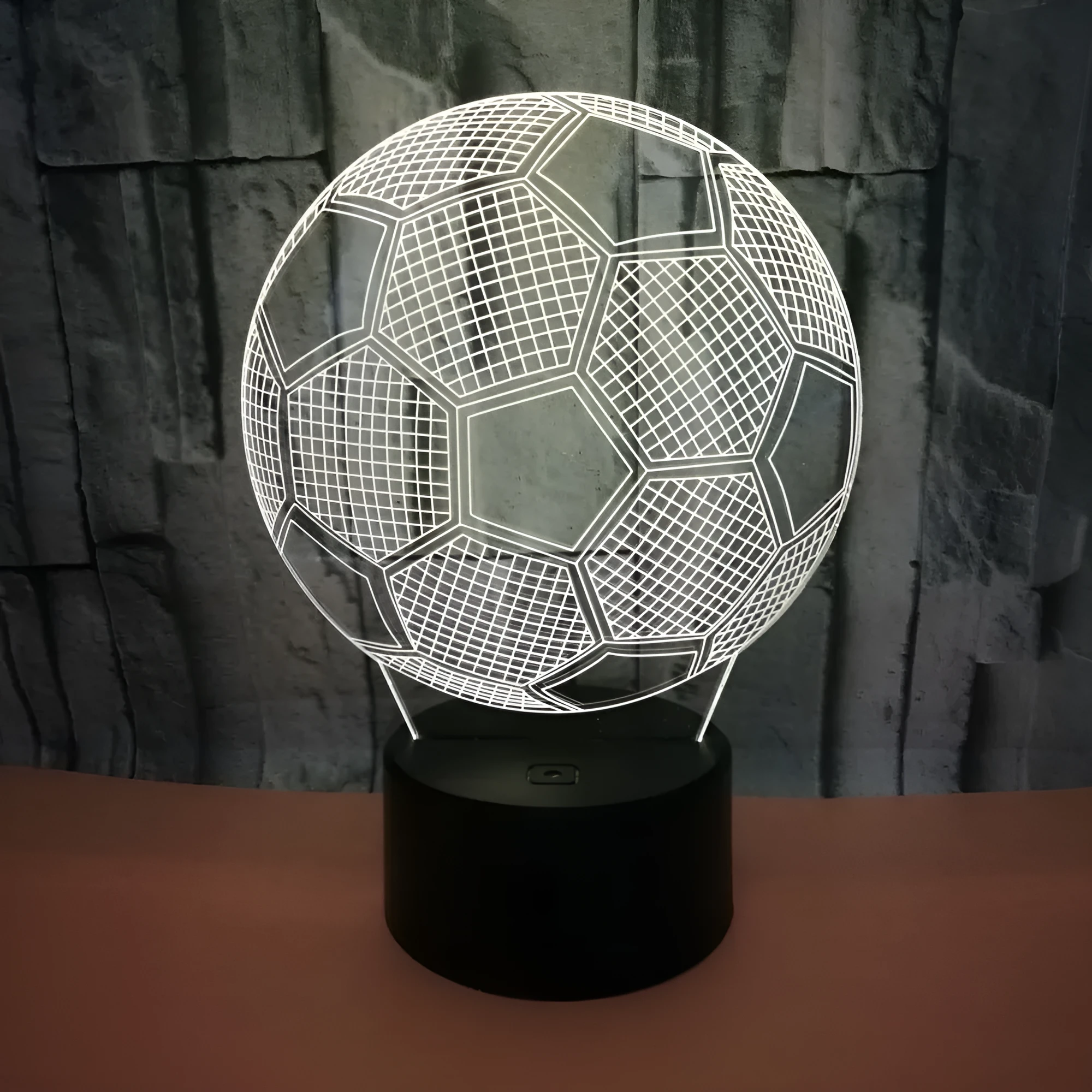 3D football night light showing colour change on acrylic sheet with black ABS base.