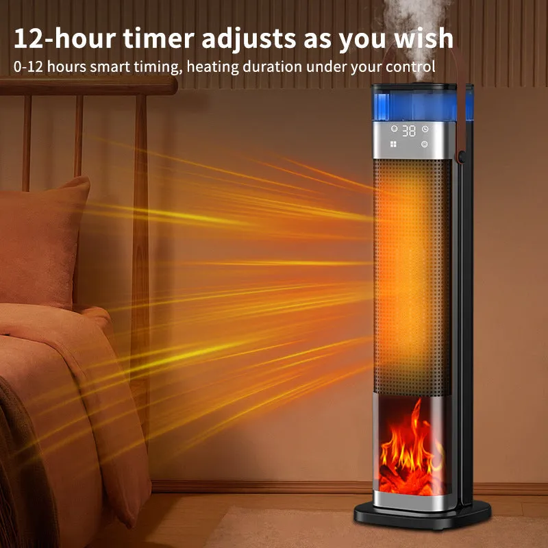 Voice-controlled vertical warm air blower with simulated flame display and oscillation, 16x16x52.6cm, plastic body