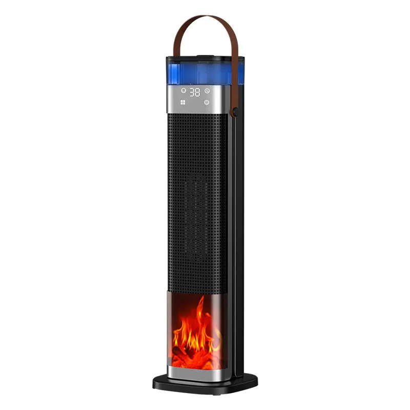 Voice-controlled vertical warm air blower with simulated flame display and oscillation, 16x16x52.6cm, plastic body