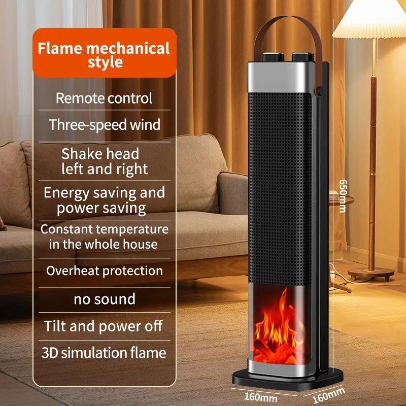 Voice-controlled vertical warm air blower with simulated flame display and oscillation, 16x16x52.6cm, plastic body