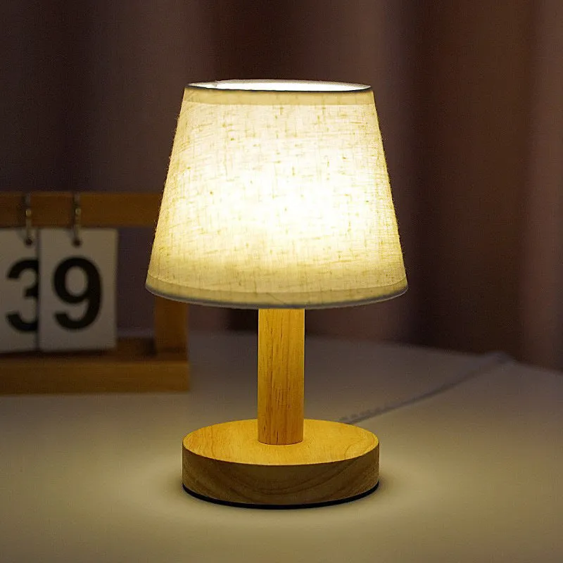 Creative solid wood fabric bedside lamp with geometric stereo design and remote control in heather gray finish
