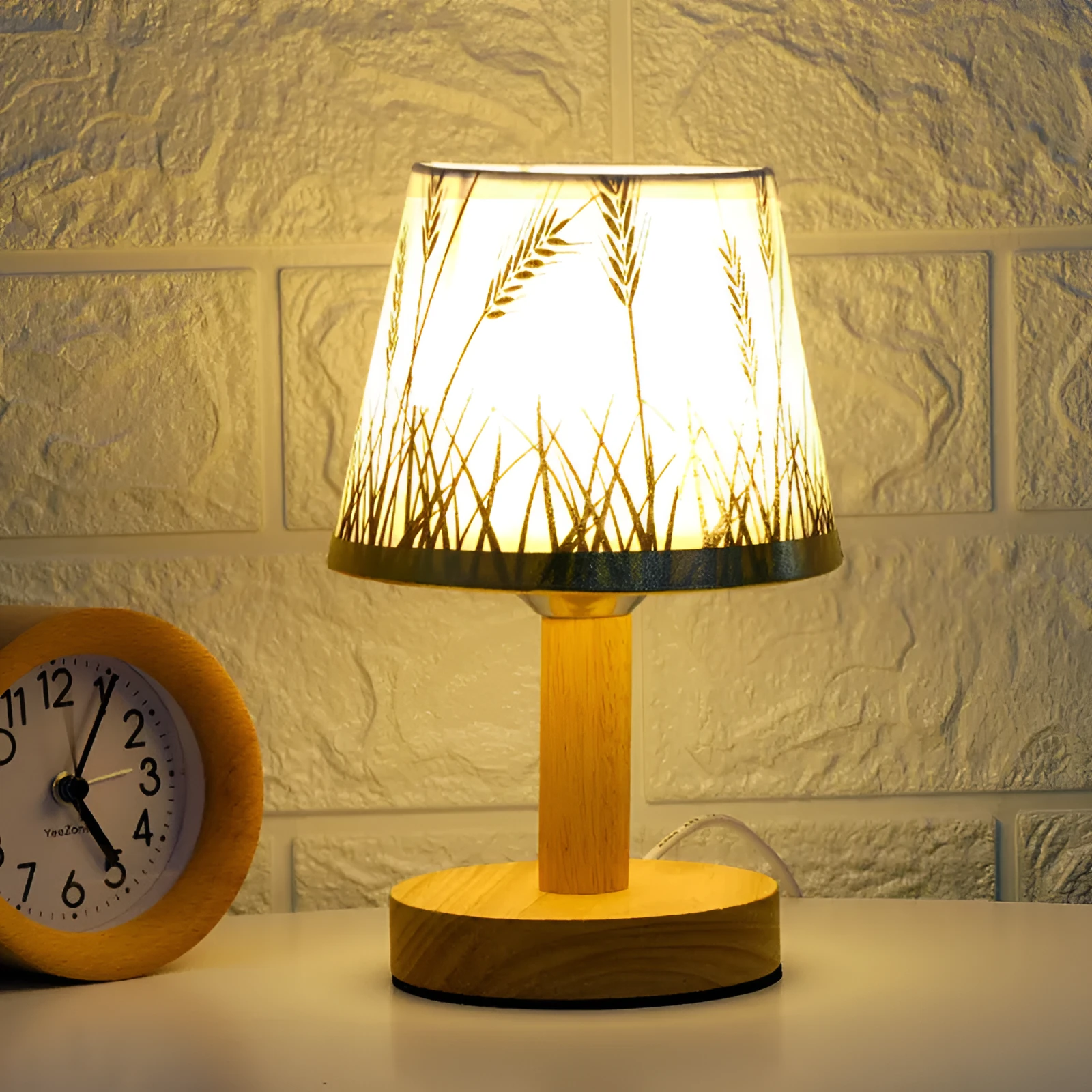 Creative solid wood fabric bedside lamp with geometric stereo design and remote control in heather gray finish