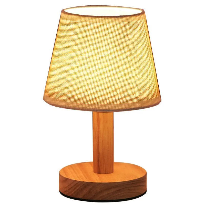 Creative solid wood fabric bedside lamp with geometric stereo design and remote control in heather gray finish