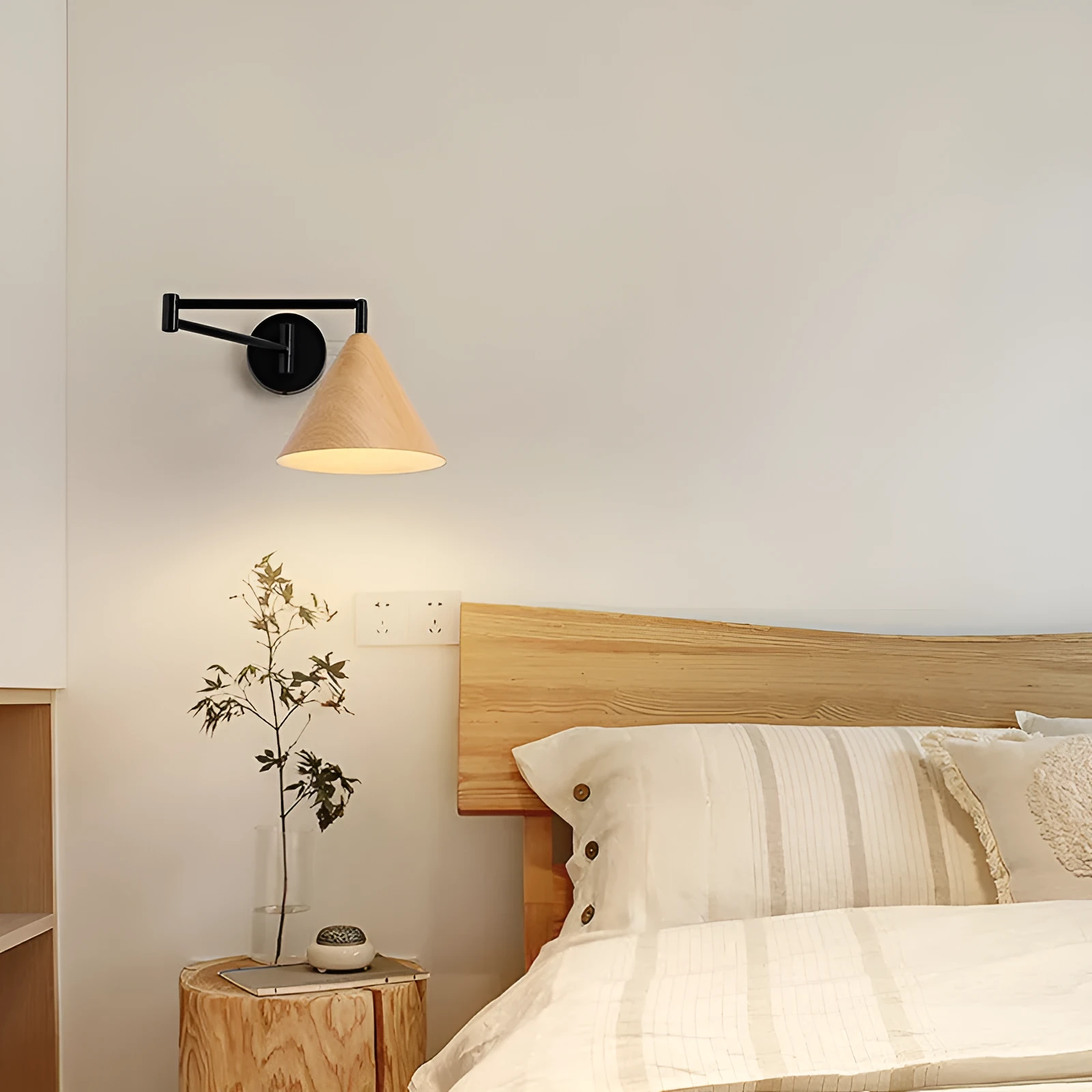 Simple Nordic retractable wood grain rocker arm wall lamp in Walnut finish with 18cm pattern